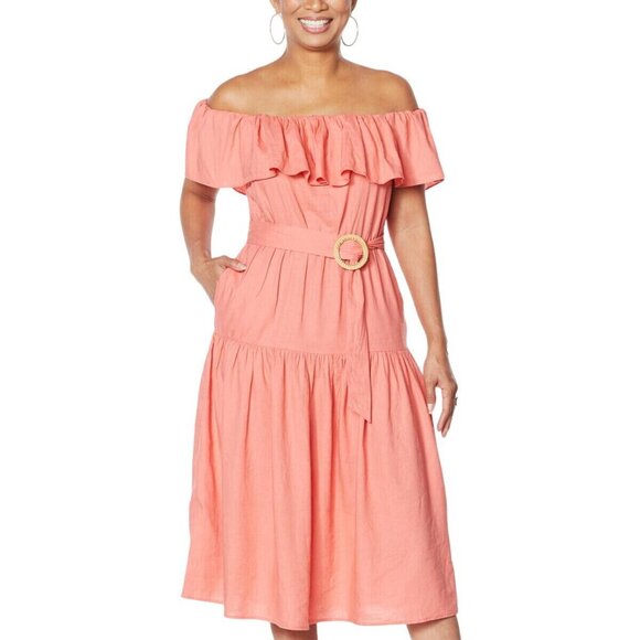 Democracy Flounce Tiered Belted Off the Shoulder Dress Tropical Coral Pink L - Picture 4 of 4